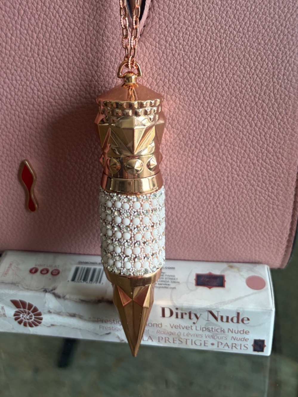 La prestige  mauve Pink lipstick and White and Gold Lipstick Pendant Key Charm